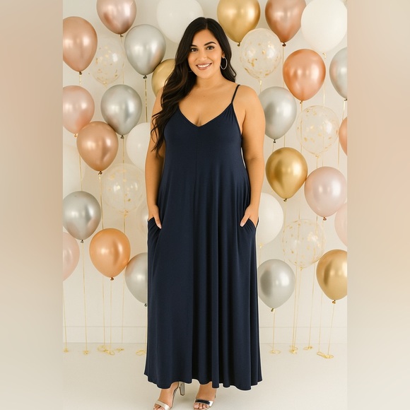Plus V-Neck Cami Maxi Dresses W/ Pockets 1X,2X, 3X - Picture 8 of 8